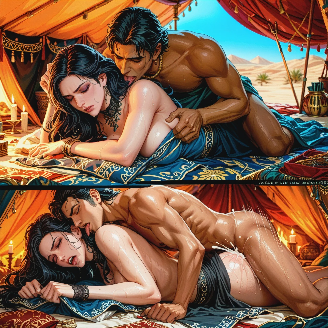 yennefer, deep thrusting, anime style, plapping,sweaty,naked,(internal_cumshot),(annoyed),,Submission,arabian male,ferocity,(undressing),arabian night,tent,desert ,(closed_eyes),(reach-around),candle,moan ,in love,tongue lick,arabian skirt ,arabian makeup,undressing,(three_sided_view),henna,pain,arabian accessory,prone bone,wet hair ,comic,fans,(multiple_views),seducing him