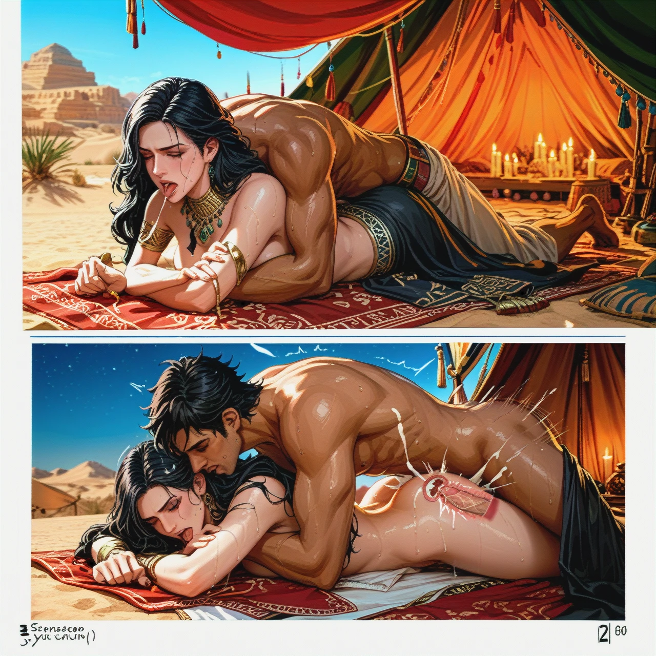 yennefer, deep thrusting, anime style, plapping,sweaty,naked,(internal_cumshot),(annoyed),,Submission,arabian male,ferocity,(undressing),arabian night,tent,desert ,(closed_eyes),(reach-around),candle,moan ,in love,tongue lick,arabian skirt ,arabian makeup,undressing,(three_sided_view),henna,pain,arabian accessory,prone bone,wet hair ,comic,fans,(multiple_views),seducing him