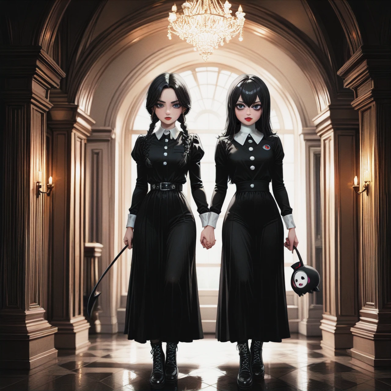 2girls, Wednesday Addams, hall, full body, @mavis_dracula, (holding_hands), detailed  detailed faces, (looking_to_the_viewer),