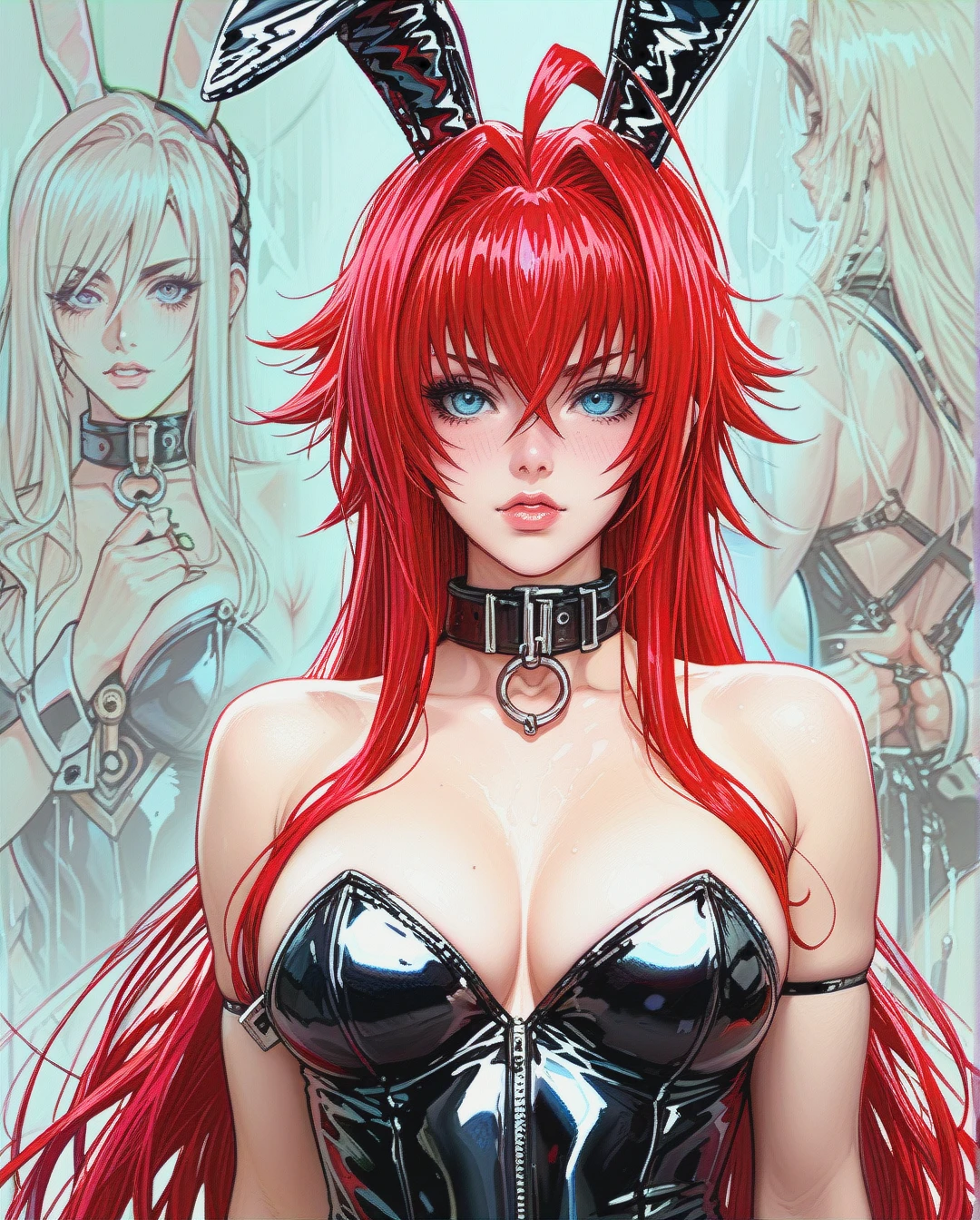 1 girl, Rias Gremory \(High School DxD\),latex rabbit costume, cuffs, collar with leash