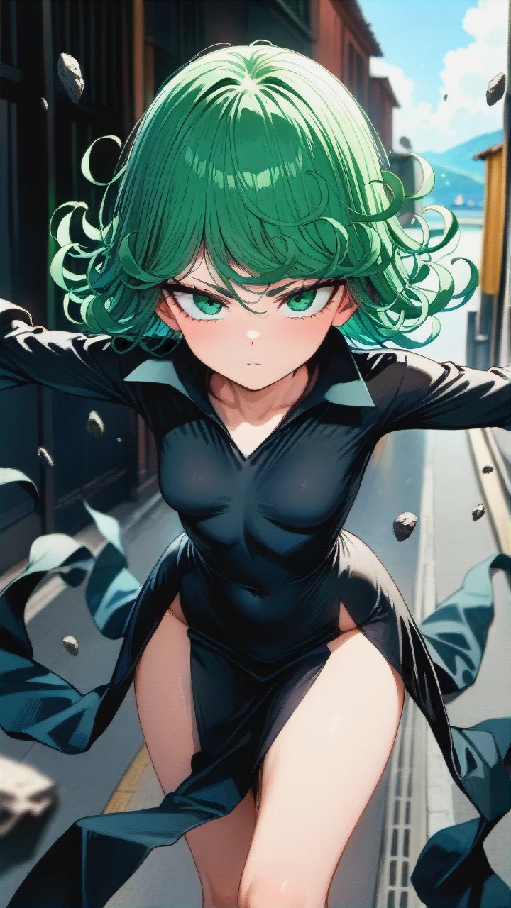 @tatsumaki, (perfect face: 1,2), (very skinny: 1,1), in torn black dress, floating, day, front view, serious, (outstretched_arms)