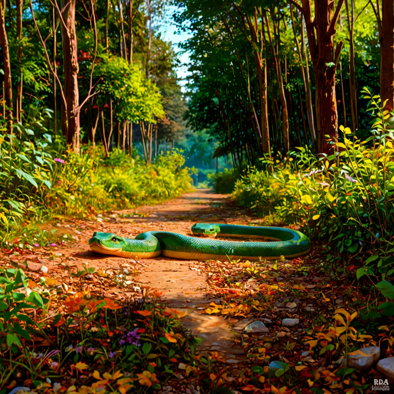 snake, feral, green scales, forest floor