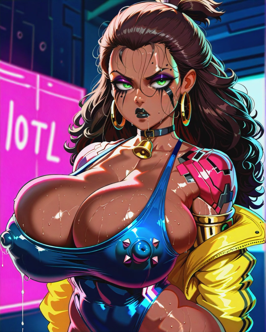 Cyberpunk 2077, black woman, brown dark skin/black skin, green eyes, gold septum ring, a lot of gold hoop earrings (doubled, a lot, massive hoops, multiple, large, lobe), cybernetic arms (blue, pink spikes, sharp pink nails), cybernetic legs velvet, pink details, elaborate knee design), nose septum piercing, neon yellow jacket (black accents), blue swimsuit (deep cleavage), high-heeled pink cyberlegs, colossal breasts, milf, muscular, abnormally huge tits, heavy boobs, erect nipples (visible barbell piercing nipples), muscular body, thick body, plump muscular, white faceplate, pink cyberlimbs, septum piercing golden, a lot of huge and chunky hoop earrings  hairstyle: wavy topknot, brown hair, curly hair, long hair  (plate of upperface, white color)+(visible eyes)+(visible lowerface) expression: neutral, annoyed, bored  makeup: plump enhanced puffy lips, black lipstick  age: 40 years old  dark room, neon lighting  breast size: (gigantic_breasts) breasts revealed  art style: kuvshinov, krekkov, shadman, cutesex