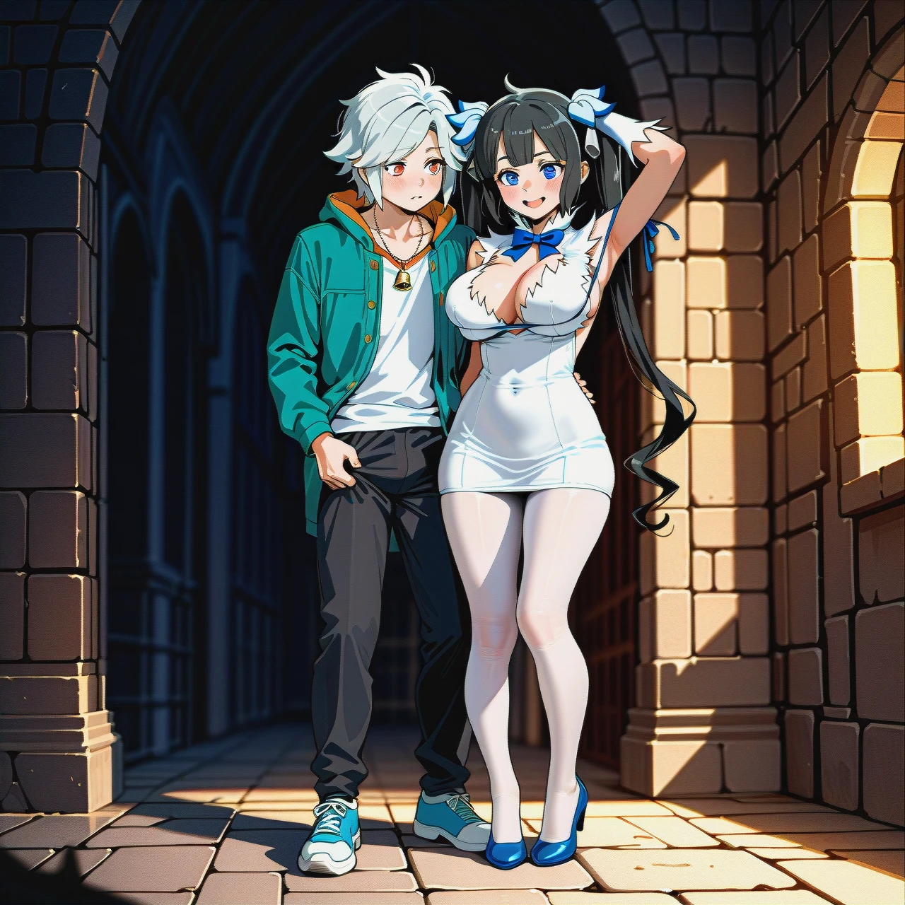 1girl,1boy, , , , molest,arm raised,perky boobs,men background,detailed skins, shirt pull, palace,white veil,big bra,shoes,white pantyhose,blue necklace,blue shoes, dungeon, (heart-shaped_eyes), @bell_cranel,@hestia, (hand_on_own_face) sex