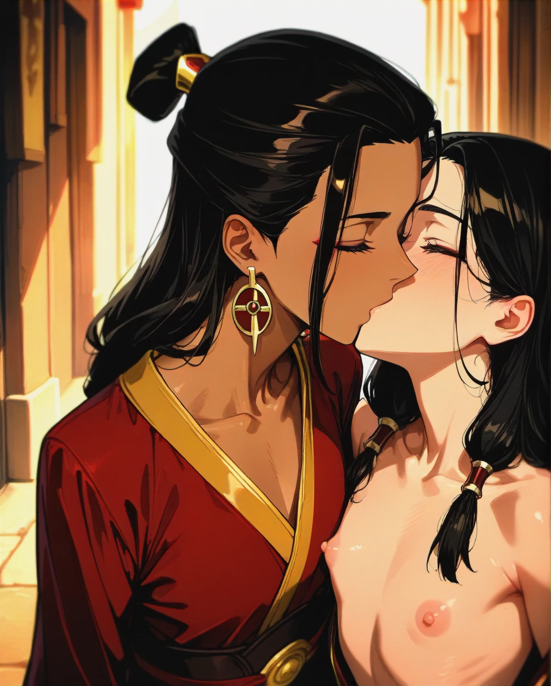 2 girls,  @katara , @azula , (flat_chest) , (kissing_neck) , (vanishing_point)