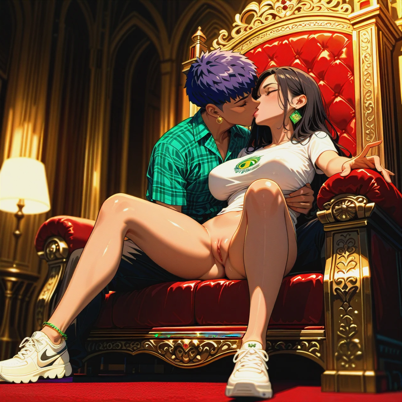 2girl, two girls, kissing_male, massive_cumshot, pussy_lips,cock_on cheek,saggy_breast,absurd_quality,elbow, reaching_out,KNEE, plaid_shirt,anklets,hop_earrings,Brazil,sneakers, couch, throne_room, anime_artwork, bright_lighting, Johanna