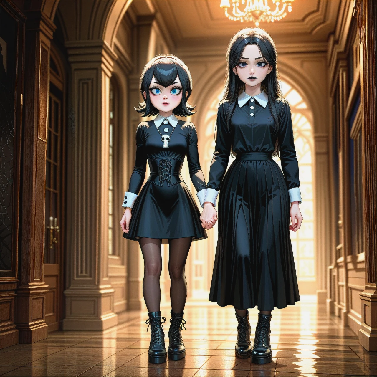 2girls, Wednesday Addams from Addams family, hall, full body, @mavis_dracula from hotel transylvania, (holding_hands), detailed  detailed faces, (looking_to_the_viewer),