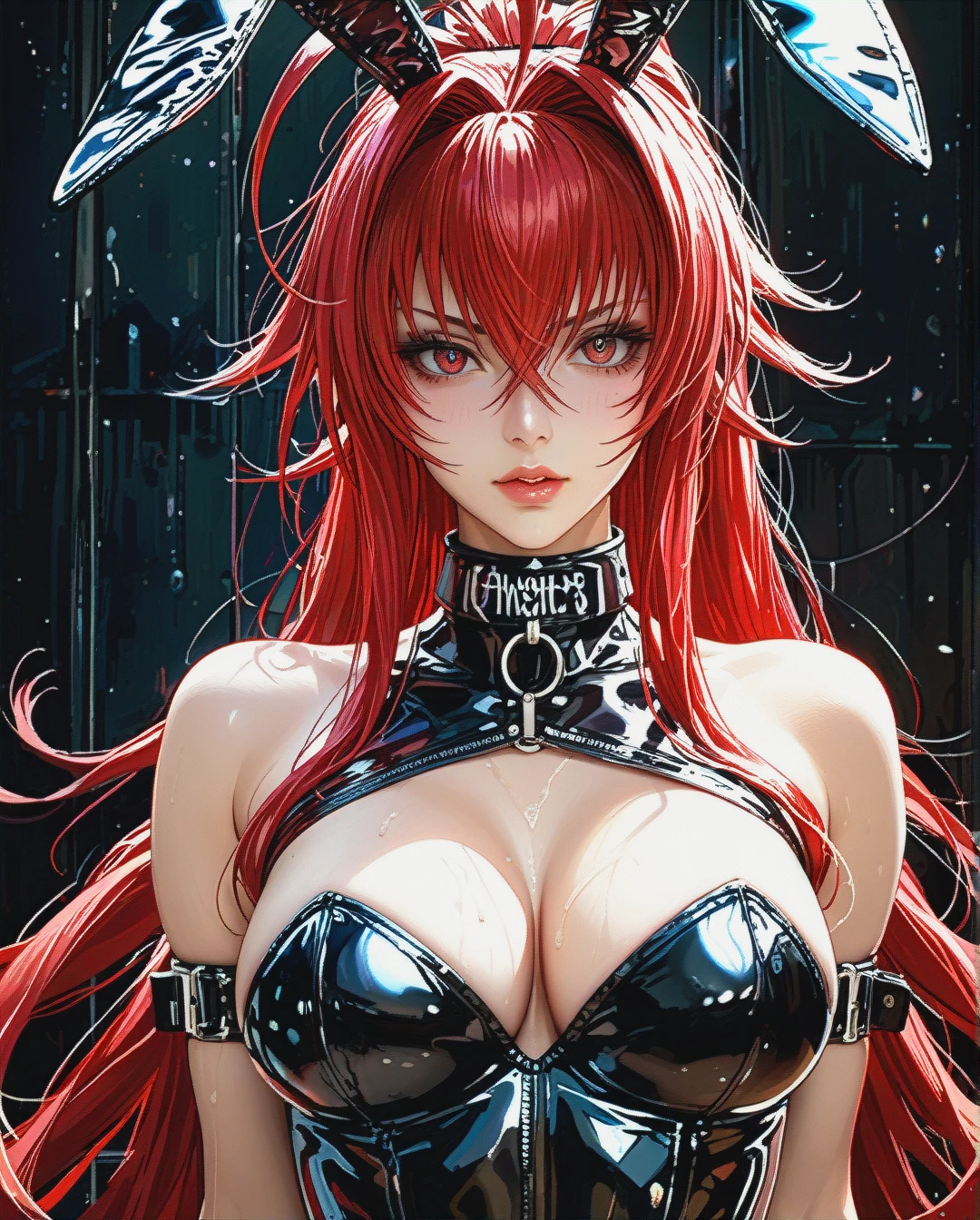 1 girl, Rias Gremory \(High School DxD\),latex rabbit costume, cuffs, collar with leash