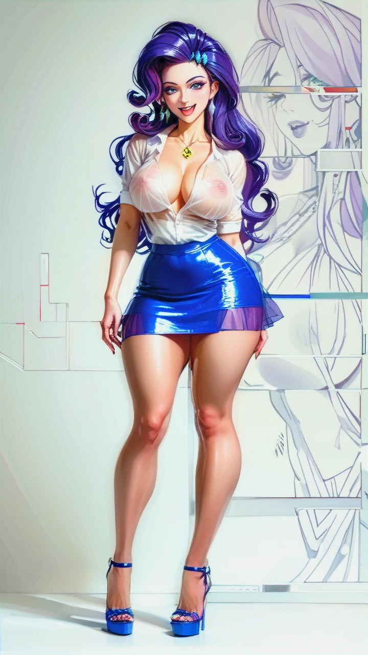 Rarity (Equestria Girls) (curvy body, Big tits, see-thru shirt, no bra, see-thru mini skirt, no panty, high heels, seductive smile, tongue out)