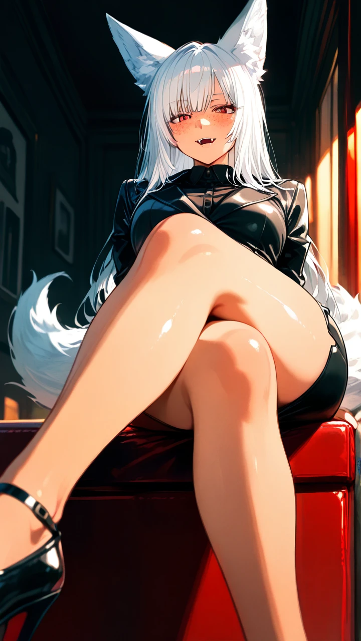 white hair, fox ears, fox tail, fangs, red eyes, freckles, looking on viewer, white pubic hair, (male_futanari) pencil skirt, shoe dankle, (crossed_legs)