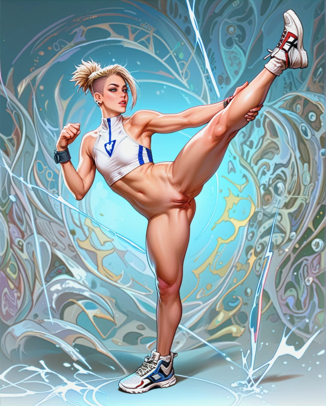 realistic realistic, 1girl, 1boy, full detailed,youngfull,blond hair, undercut hair, slim,petite,skinny,flat chest, wide hips, white backgroud,  acrobatic pose, one leg up, vertical Split. Opening anus, (anilingus),  realistic realistic, (sideways), full body (from_side), motion effect