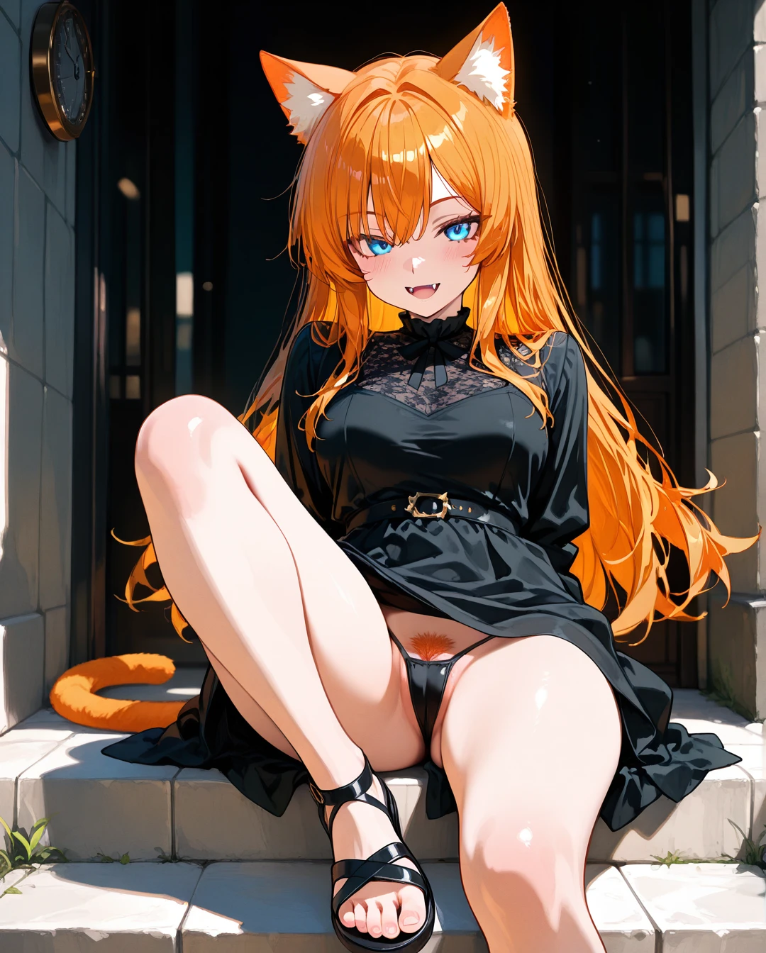 A girl, long hair, ginger hair, cat ears, cat tail, ginger pubic hair, fangs, blue eyes, looking on viewer, black dress, sandals, toes, (sitting) table