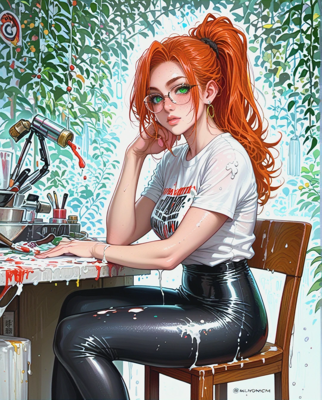 Ginger woman with a waist length thick red ponytail. She has bright green eyes and freckles. She wears thick glasses, a skin tight white mini t-shirt under loose fitting dungarees. Her clothes are covered in paint. Art studio, sitting on stool.