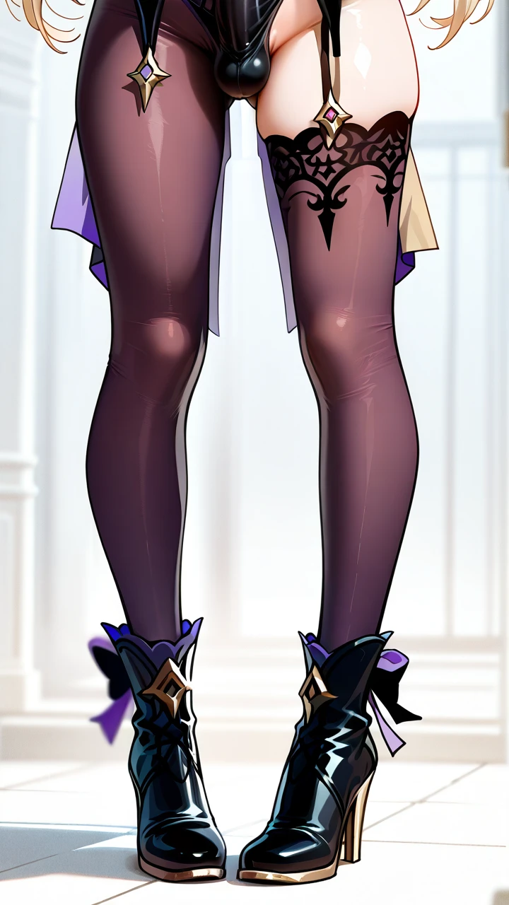 @fischl, (otoko_no_ko), twin_ponytails, blonde_hair, ankle_boots, penis_bulge, elbow_gloves, highheels, (green_eyes), slim_legs,  (cropped_shoulders), eye_patch, erection_under_clothes, (smile), (blush), chocker, (standing),