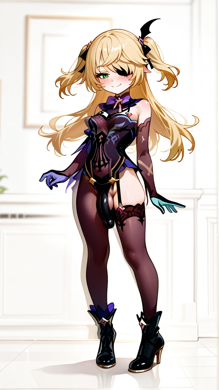 @fischl, (otoko_no_ko), twin_ponytails, blonde_hair, ankle_boots, penis_bulge, elbow_gloves, highheels, (green_eyes), slim_legs,  (cropped_shoulders), eye_patch, erection_under_clothes, (smile), (blush), chocker, (standing), pointy_ears,