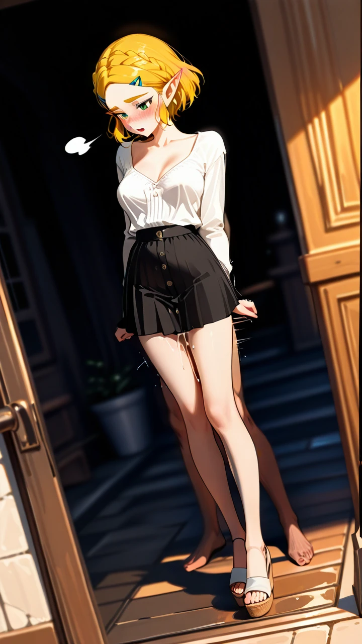 @princess_zelda,  (wide_shot), (dutch_angle), (full_body),   casual_clothes, skirt, low_cut_blouse, wedge,   (skinny),   (standing), (leaning),  (sigh), (open_mouth), (blush),   (sex), (sex_from_behind), (deep_penetration), (ejaculating_while_penetrated), (grabbing), (breasts_out),