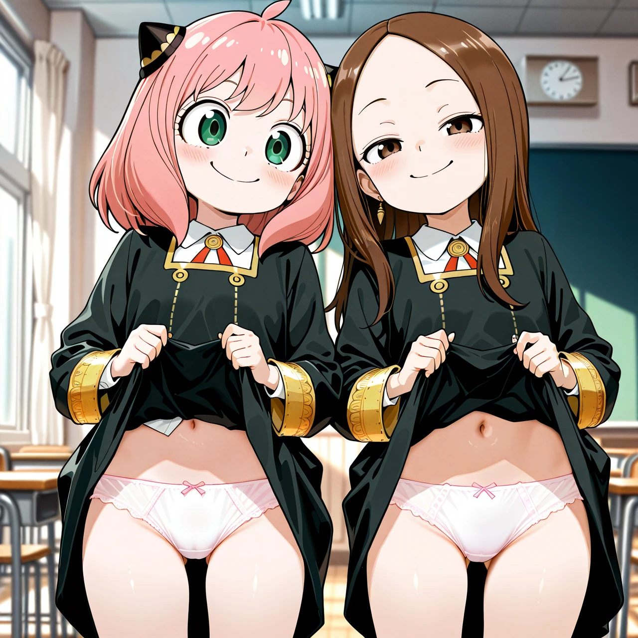 @anya and @takagi-san, 2girl  in clothing, school, classroom, front view, (smug), They show you their panties by lifting their clothes, threesome, together, Cooperative, The three of them lift their skirts and show you their panties