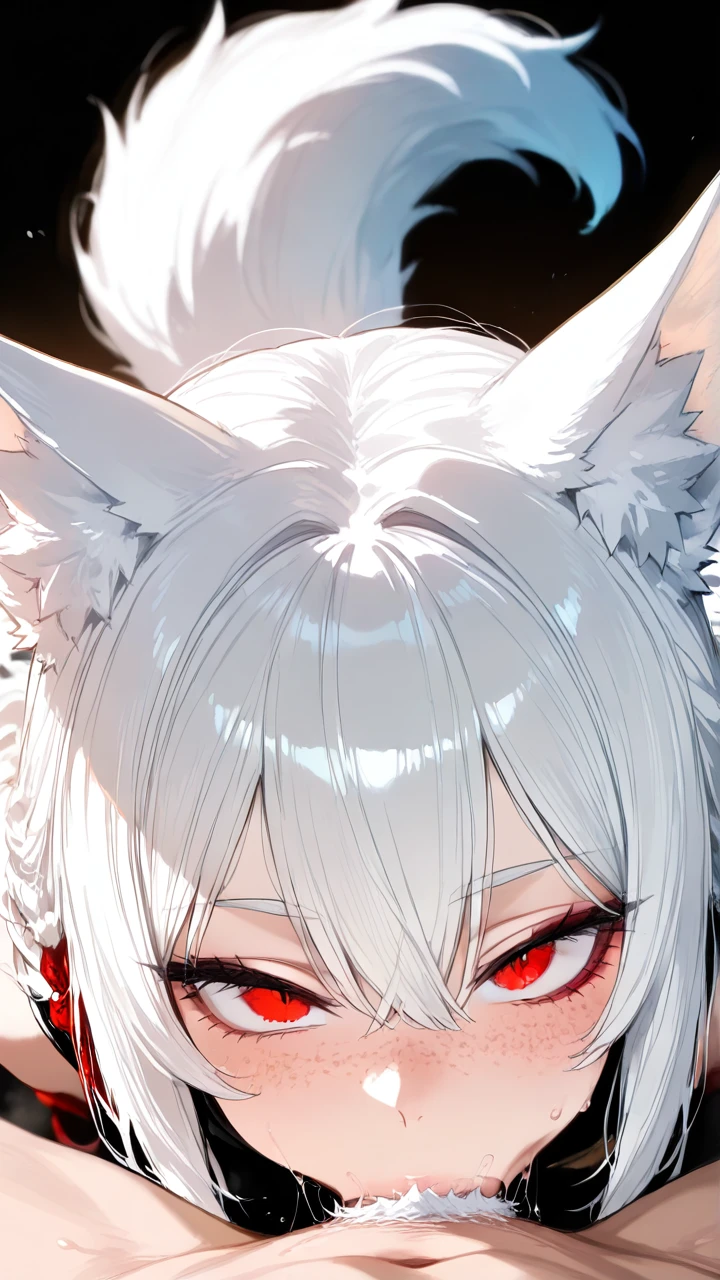 white hair, fox ears, fox tail, fangs, red eyes, freckles, looking on viewer, white pubic hair, (deepthroat)