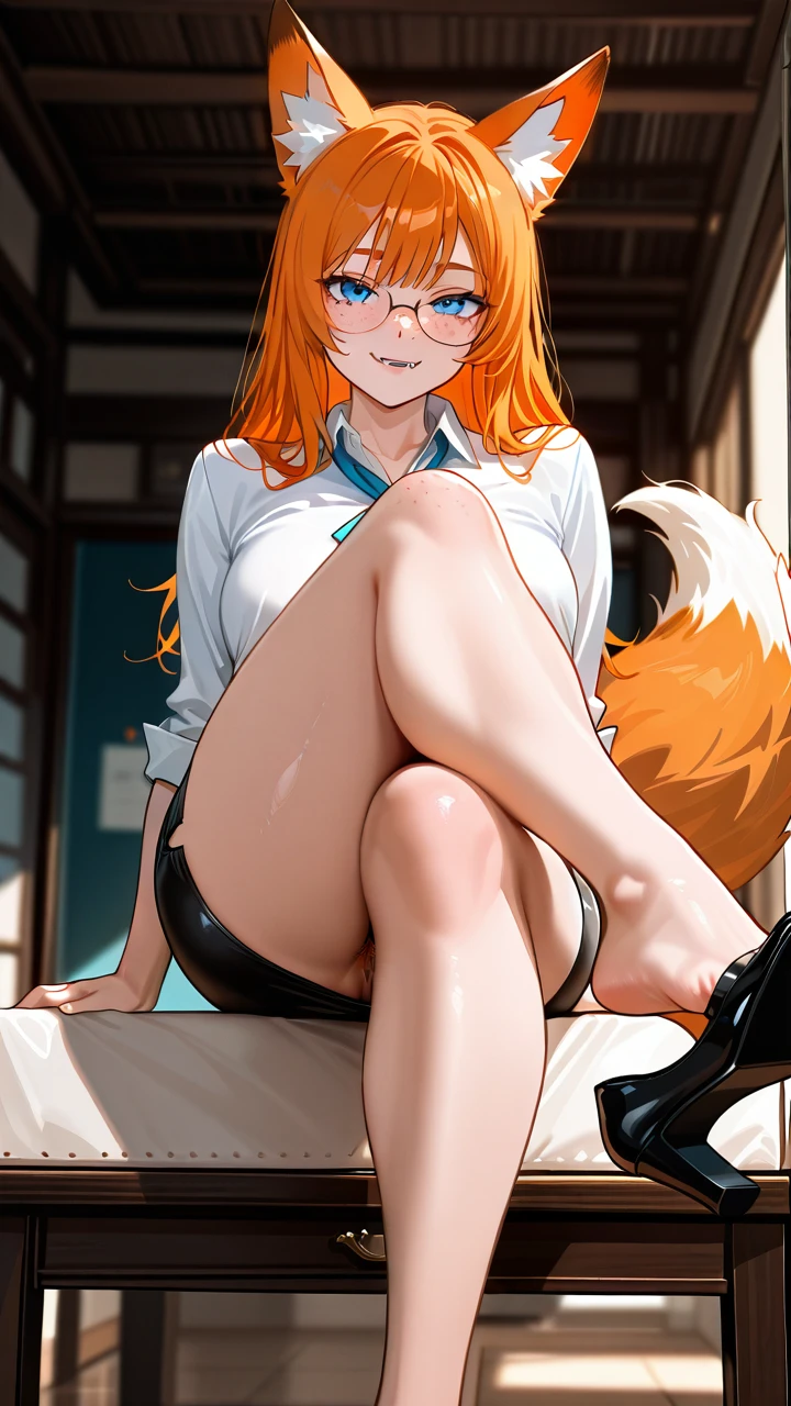 A girl, ginger hair, fox ears, fox tail, fangs, blue eyes, freckles, glasses, looking on viewer,ginger pubic hair, pencil skirt, shoes, (smile) , feet, (crossed_legs), shoe dangle,