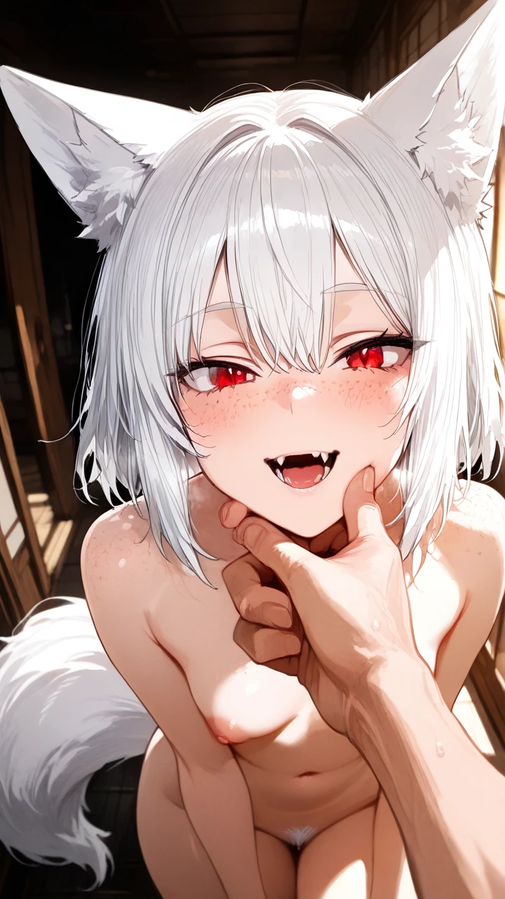 white hair, fox ears, fox tail, fangs, red eyes, freckles, looking on viewer, white pubic hair, (stroking_own_chin)