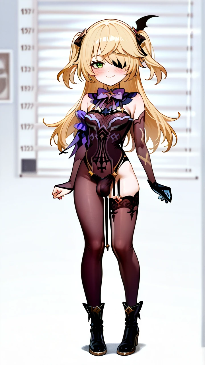 @fischl, (otoko_no_ko), twin_ponytails, blonde_hair, ankle_boots, penis_bulge, elbow_gloves, (green_eyes), slim_legs,  (cropped_shoulders), eye_patch, erection_under_clothes, (smile), (blush), chocker, (standing), pointy_ears,