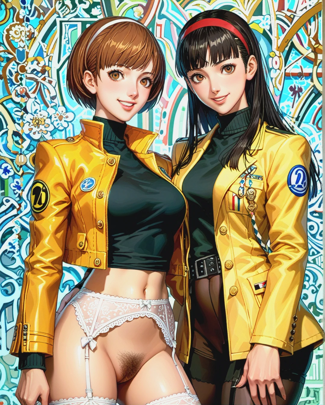 2 girls, @satonaka_chie, @amagi_yukiko, happy, open jacket, garter belt, pubic hair,