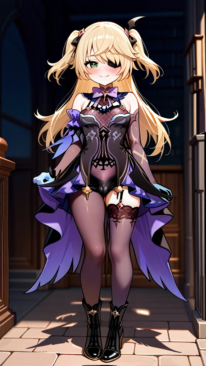 @fischl, (otoko_no_ko), twin_ponytails, blonde_hair, ankle_boots, penis_bulge, elbow_gloves, highheels, (green_eyes), slim_legs,  (cropped_shoulders), eye_patch, erection_under_clothes, (smile), (blush), chocker, (standing), pointy_ears,