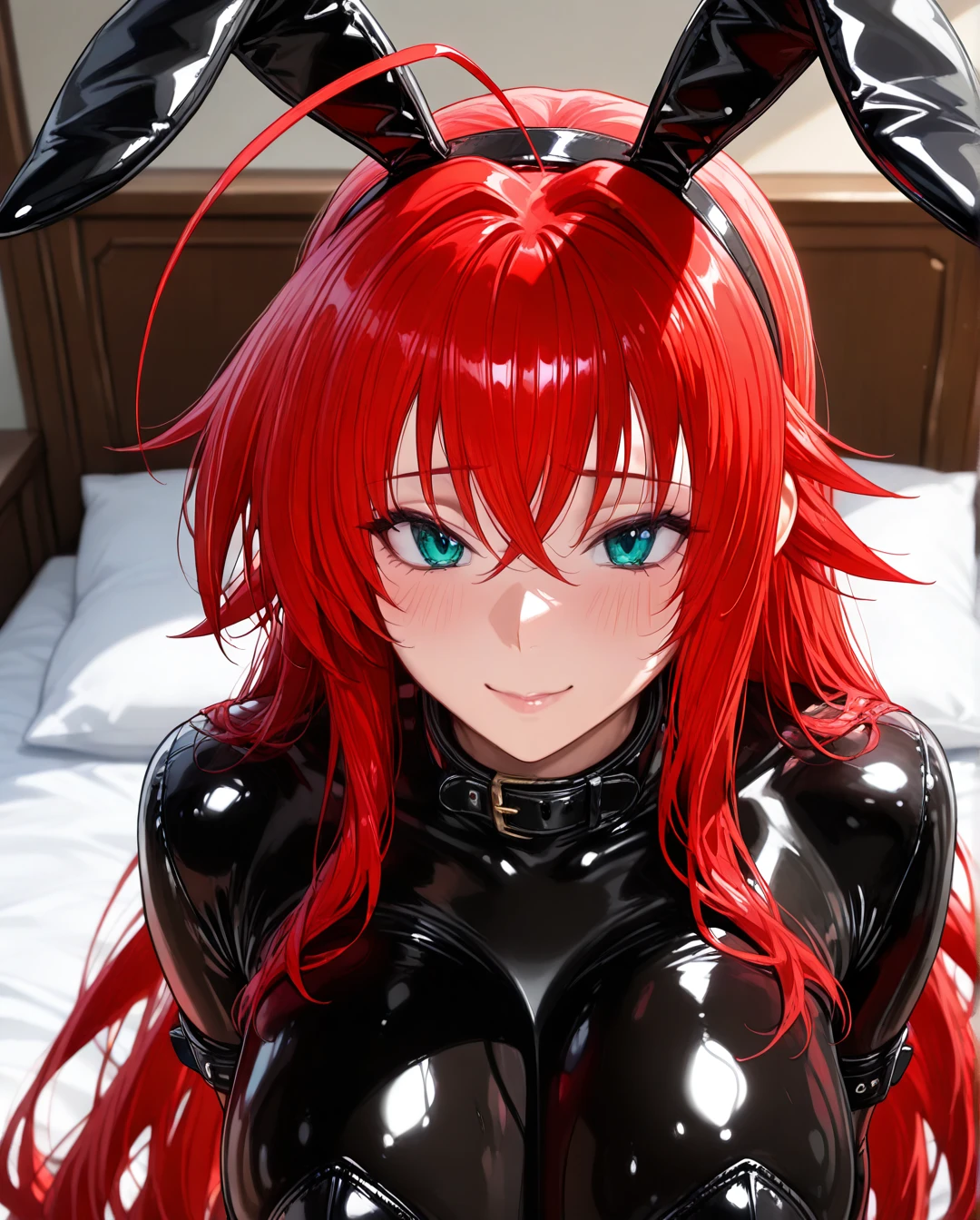 1 girl, Rias Gremory \(High School DxD\),latex rabbit costume, cuffs, collar with leash