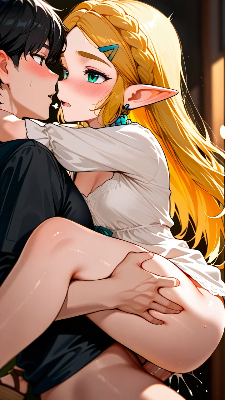 @princess_zelda,  (wide_shot), (dutch_angle), (full_body),  casual_clothes, casual_akirt, low_cut_blouse, wedge, casual_blouse,  petite, teen,  (carrying_under_arm), (spread_legs), leg_hug,  (sigh), (open_mouth), (blush), (eye_contact),  (threesome), (MMF_threesome), (sex), grab_legs, (ejaculating_while_penetrated), (deep_penetration),  (double_penetration),