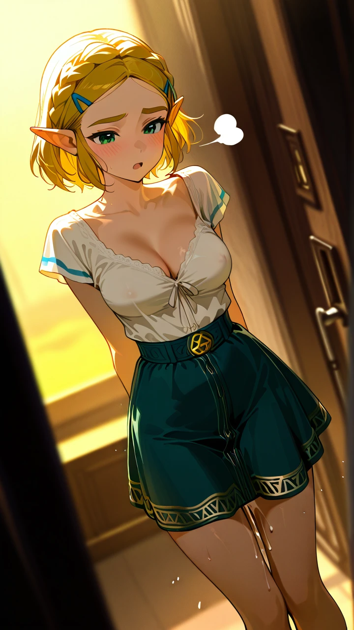 @princess_zelda,  (wide_shot), (dutch_angle),   casual_clothes, casual_skirt, low_cut_blouse, wedges, casual_blouse,  (skinny),   (standing), (leaning),  (sigh), (open_mouth), (blush),   (sex), (sex_from_behind), (deep_penetration), (ejaculating_while_penetrated), (grabbing), (breasts_out),