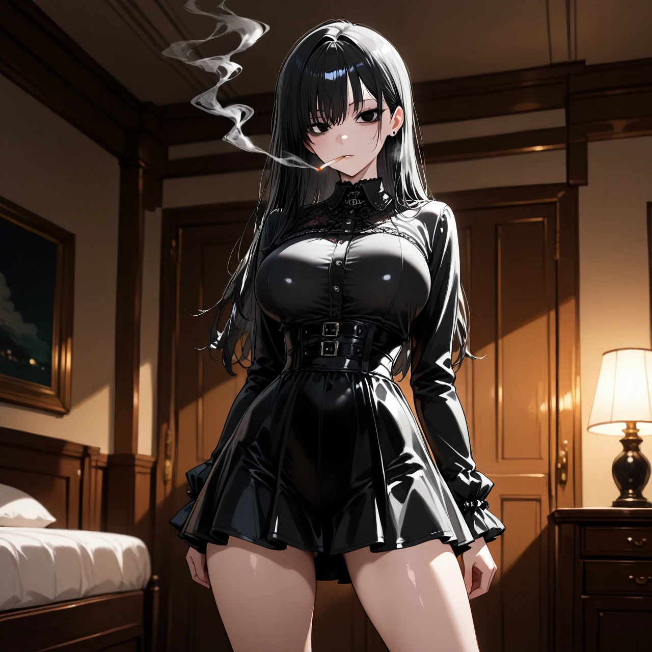 1girl, (skinny), black hair, (black_eyes), (legs_apart), goth clothes, (large_breasts), room, (standing), smoking