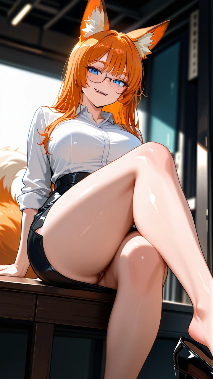 A girl, ginger hair, fox ears, fox tail, fangs, blue eyes, freckles, glasses, looking on viewer,ginger pubic hair, pencil skirt, shoes, (smile) , feet, (crossed_legs), shoe dangle,