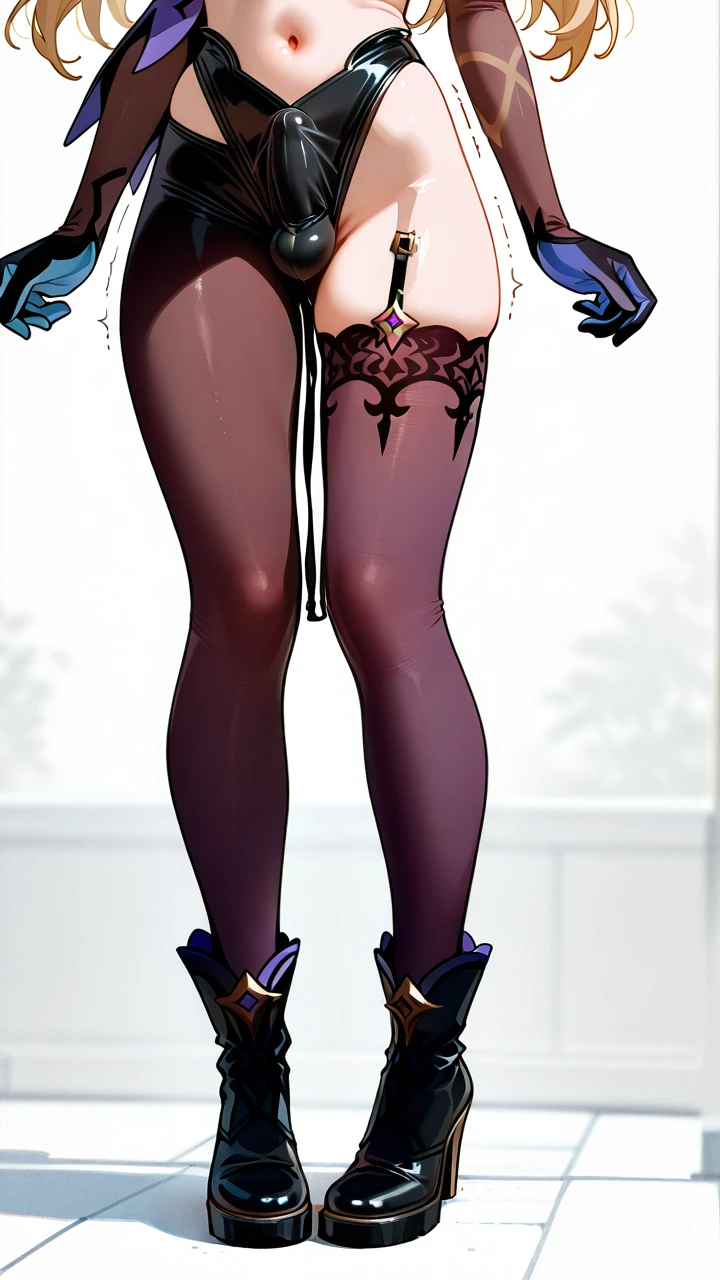 @fischl, (otoko_no_ko), twin_ponytails, blonde_hair, ankle_boots, penis_bulge, elbow_gloves, (green_eyes), slim_legs,  (cropped_shoulders), eye_patch, erection_under_clothes, (blush), chocker, (standing), pointy_ears,