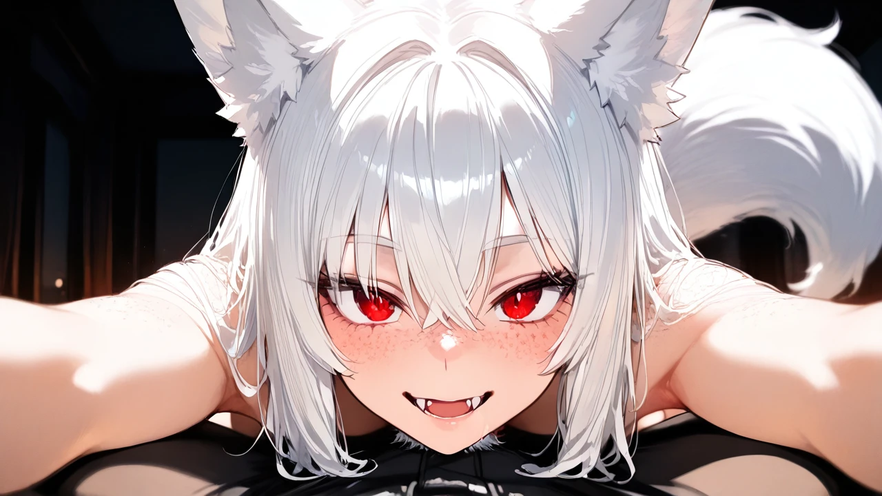 white hair, fox ears, fox tail, fangs, red eyes, freckles, looking on viewer, white pubic hair, (stretching) feet