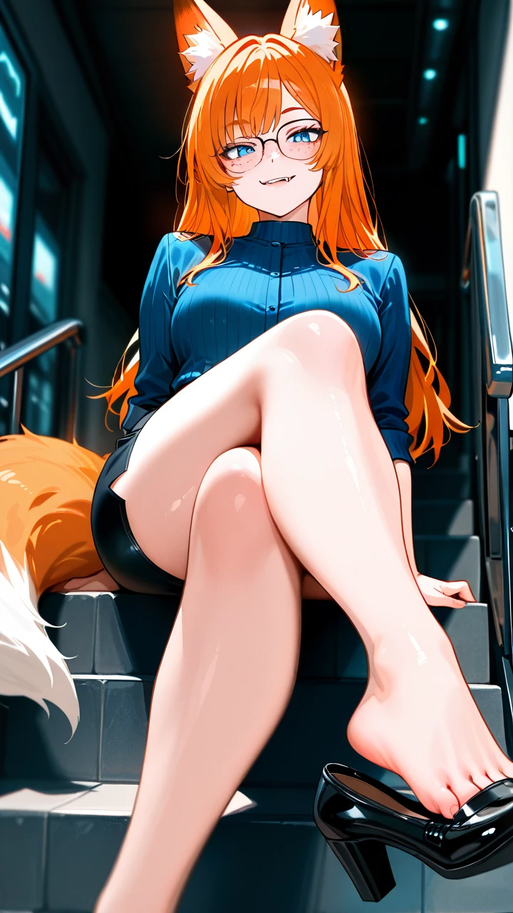 A girl, ginger hair, fox ears, fox tail, fangs, blue eyes, freckles, glasses, looking on viewer,ginger pubic hair, pencil skirt, shoes, (smile) , feet, (crossed_legs), shoe dangle,