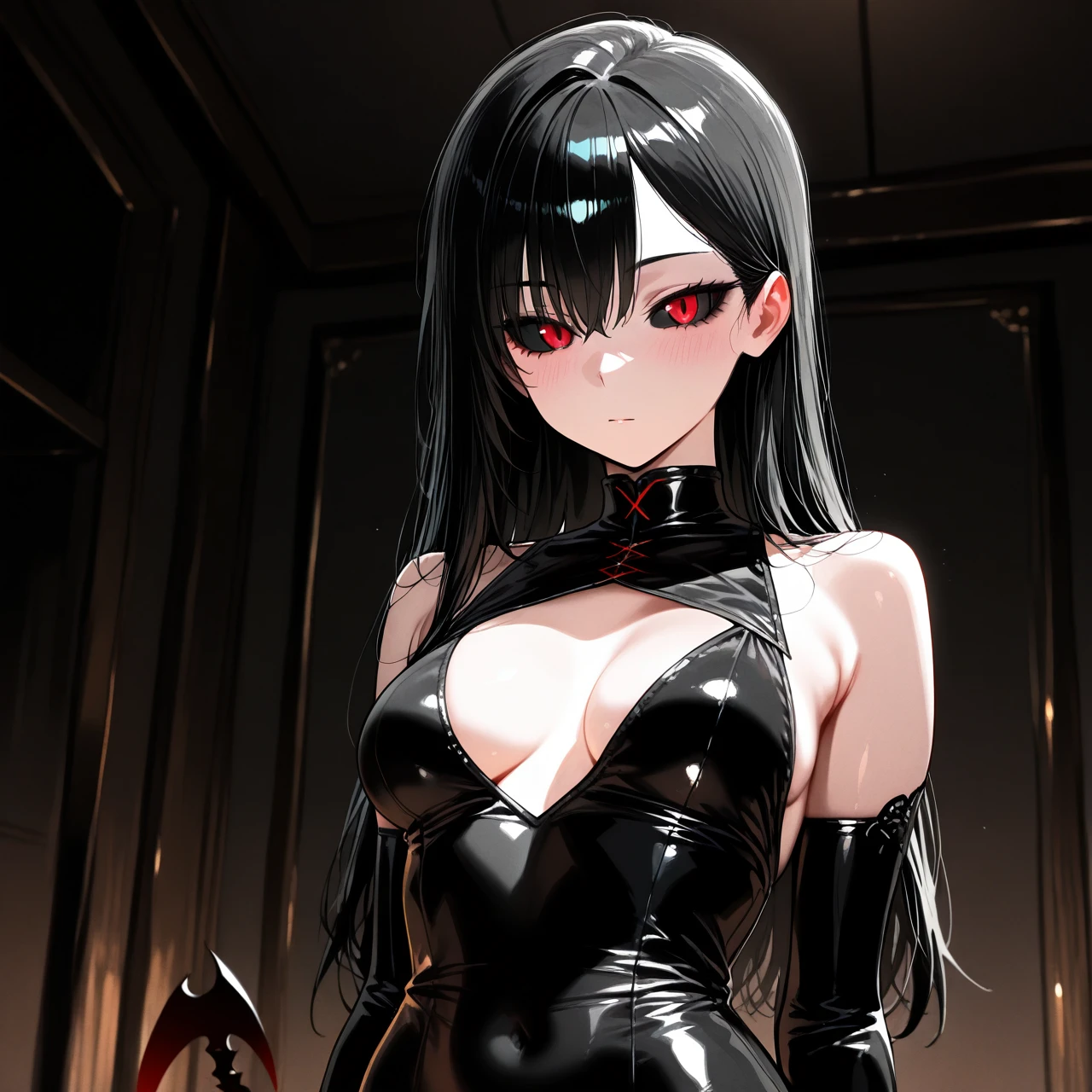 Mid heigh, black hair not touching her shoulders, pretty slender, have tigh waist, mid breasts, black sclera, red eyes, black sharp lower arms, sharp fingers