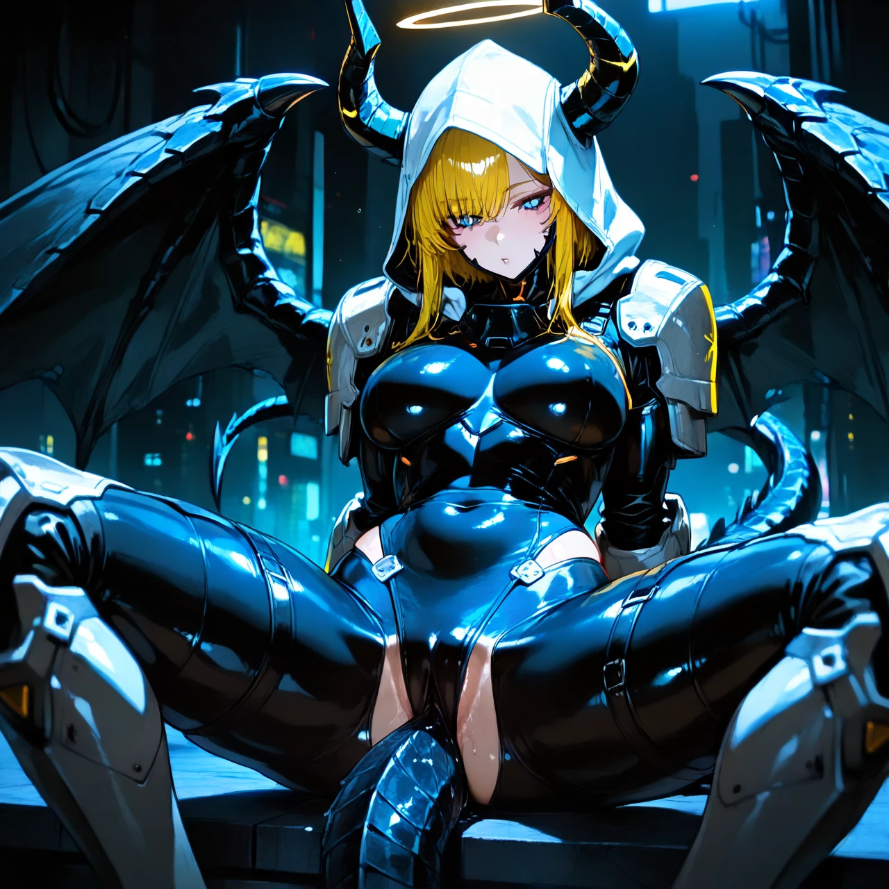 Knight Dragon Monster girl Tail Horns Wings Cyberpunk White Hood Helmet Exoskeleton Armor Android Knife Assassin Night Girl Sitting Blonde Halo Evil sharp look Adult Blue eyes (autocunnilingus)