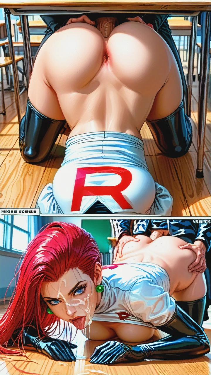 @jessie, team rocket costume, (medium_breasts), (breasts_out), classroom, under table, (facial), (top-down_bottom-up),(ass_grab), finger in ass, micro skirt, (sex_from_behind), licking tip of cock, (anal)