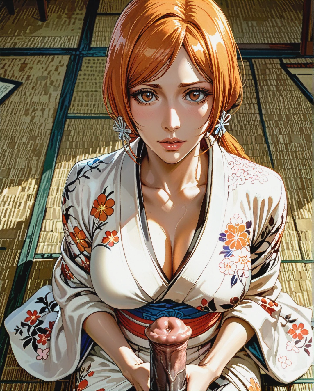 (futanari), 1girl, (solo_focus), @inoue_orihime, equine penis,  (kimono_pull)