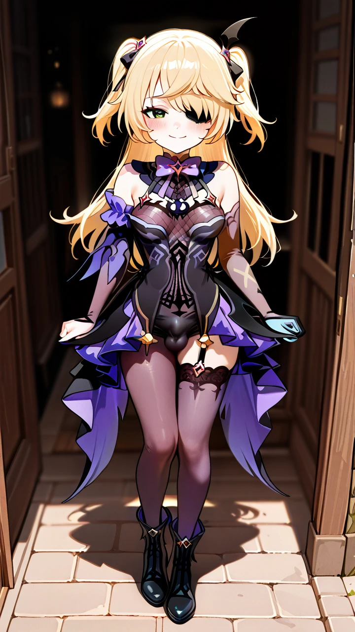 @fischl, (otoko_no_ko), twin_ponytails, blonde_hair, ankle_boots, penis_bulge, elbow_gloves, (green_eyes), slim_legs,  (cropped_shoulders), eye_patch, erection_under_clothes, (smile), (blush), chocker, (standing), pointy_ears,