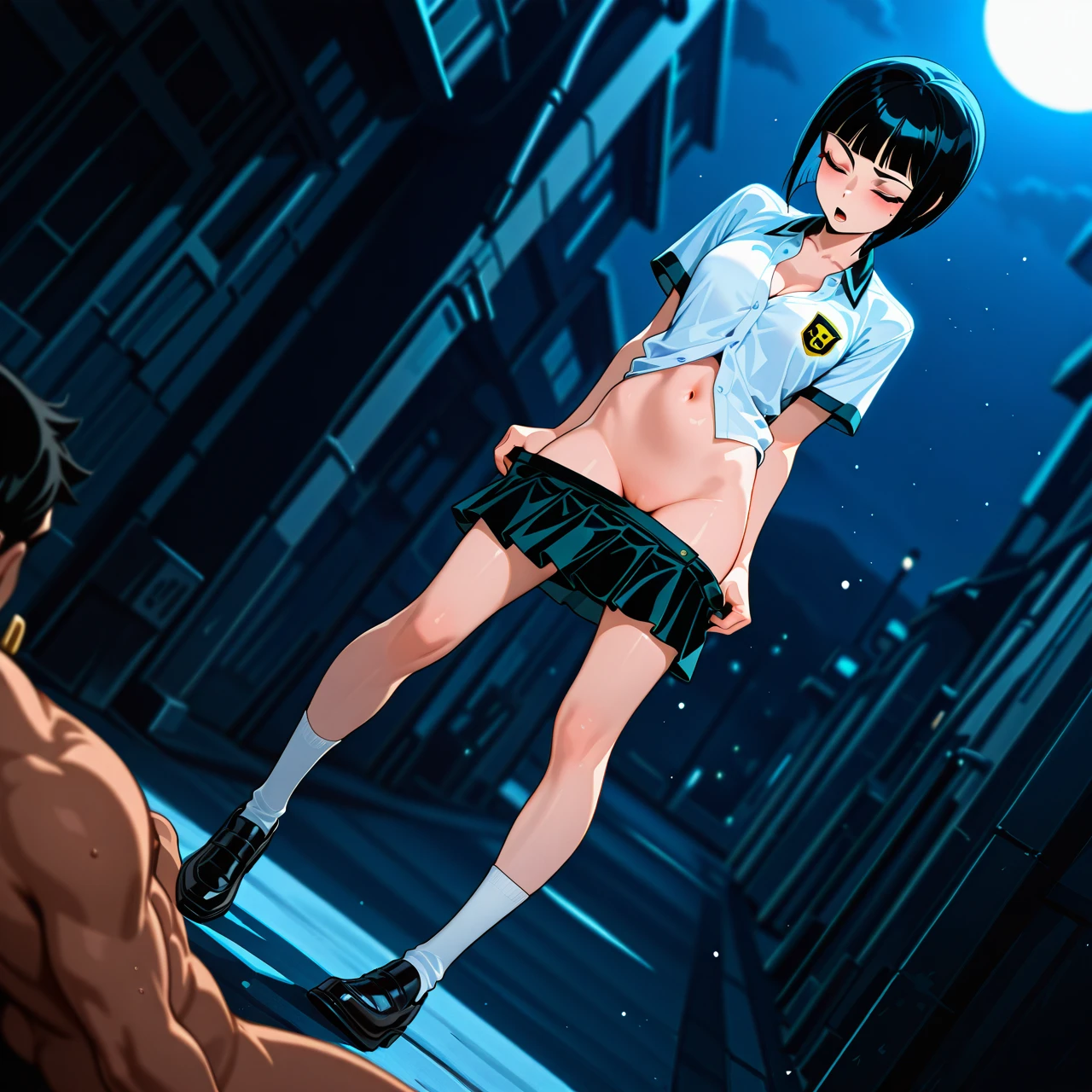 Julie_yamamoto from ben 10, bobcut black hair,asian  (wide_shot), (dutch_angle), (full_body),  , school_uniform unbuttoned,skirt pull up, socks, shoes,navel,  (standing_split)  (skinny), (leaning),  (open_mouth), (eyes_closed), blushed, (clothed_female_nude_male),  moonlight,