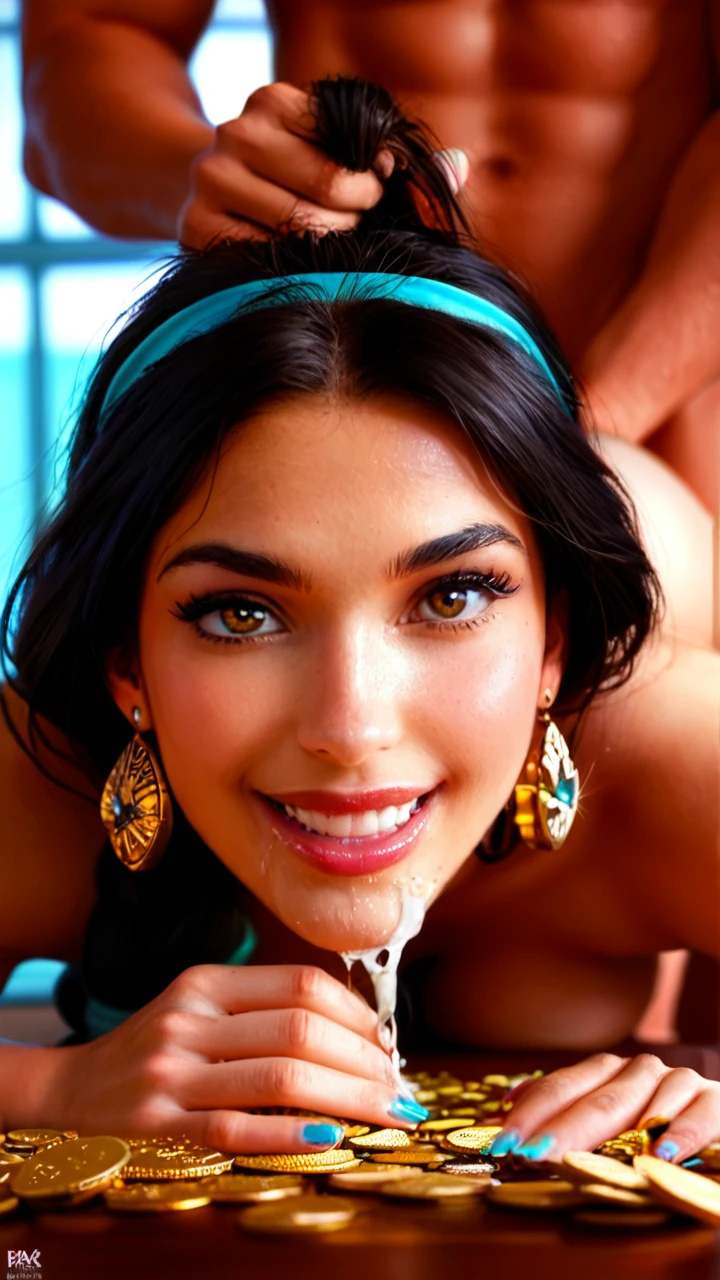 Disney Princess Jasmine, official haircut, on the table, doggy style, ass up, hands behind her back, hands tied, cock in the ass, drooling, lustful smile, pulling hair, face in orgasm, gold coins on the table, man holding cock, cum jet on face:1.5