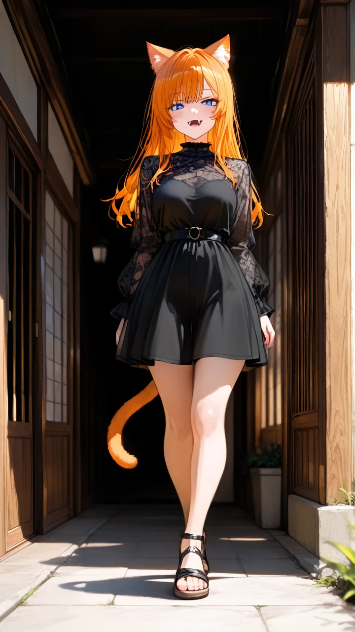 A girl, long hair, ginger hair, cat ears, cat tail, ginger pubic hair, fangs, blue eyes, looking on viewer, black dress, sandals, toes, shines,