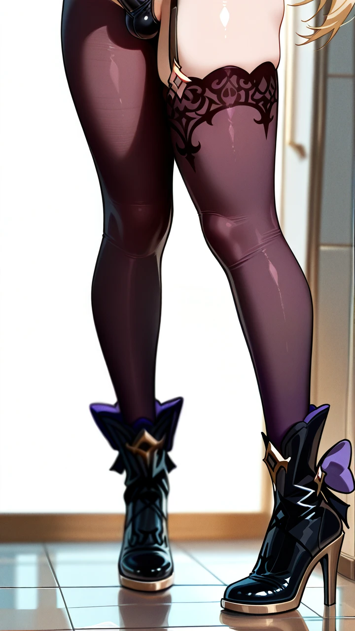 @fischl, (otoko_no_ko), twin_ponytails, blonde_hair, ankle_boots, penis_bulge, elbow_gloves, highheels, (green_eyes), slim_legs,  (cropped_shoulders), eye_patch, erection_under_clothes, (smile), (blush), chocker, (standing), pointy_ears,