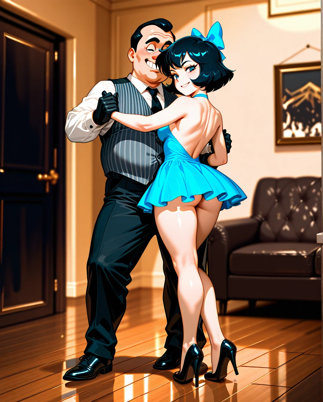 (fat) (futanari) @betty_rubble, black striped buttoned-up waistcoat, black tie, black gloves, black long trousers, fat legs, black high heel pumps, white stockings, dancing, living room, wooden floor, sofa