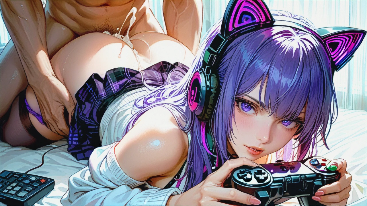 a woman with big purple eyes, panties down, playing with a remote control, 1girl1boy, animal ear headphones, ass, breasts, solo, fake animal ears, cat ear headphones, long hair, skirt, animal ears, headphones, on back, thighhighs, purple eyes, controller, lying, purple hair, game controller, looking at viewer, getting fucked, missionary sex,creampie, cum dripping,