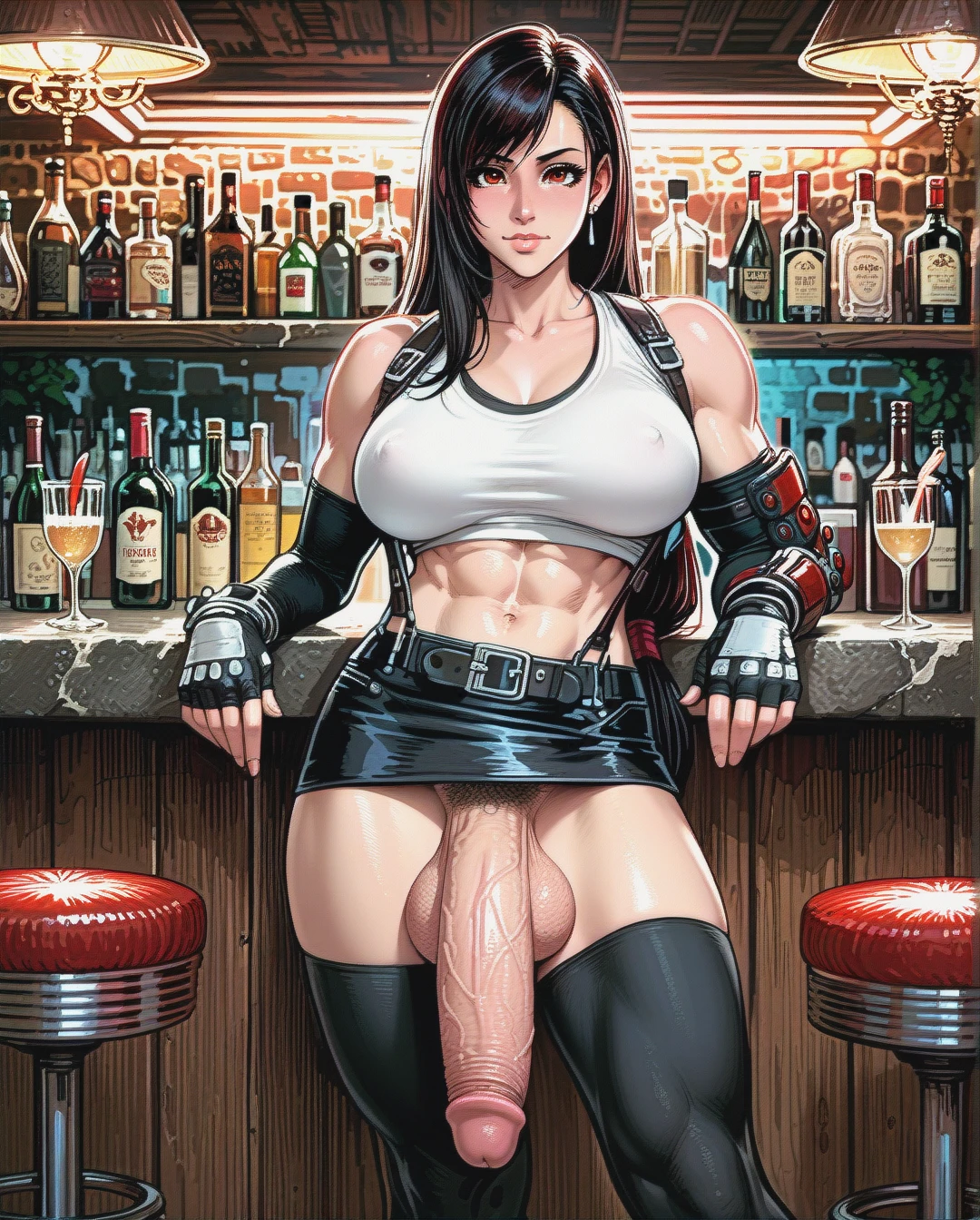 solo, futanari, tifa lockhart, busty, dense pubic hair, hyper big penis, big balls, flaccid penis, top tank, skirt, black stockings, abs, big muscular, bar