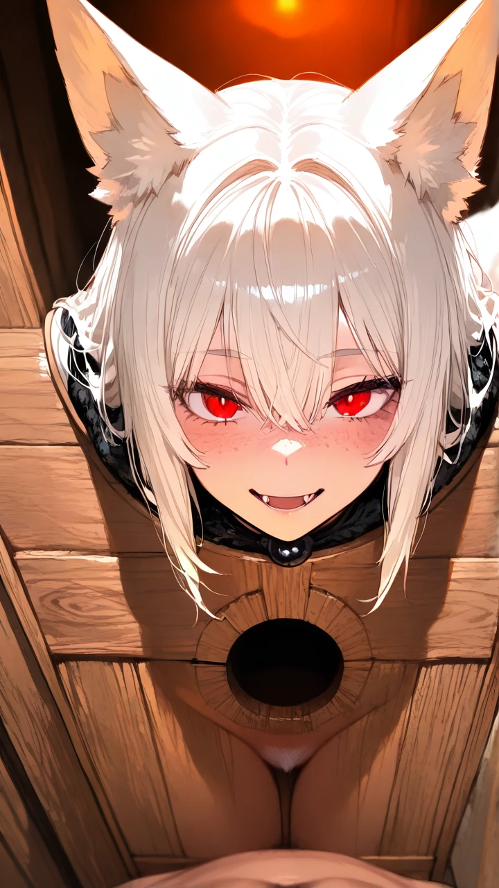 white hair, fox ears, fox tail, fangs, red eyes, freckles, looking on viewer, white pubic hair, (glory_hole)