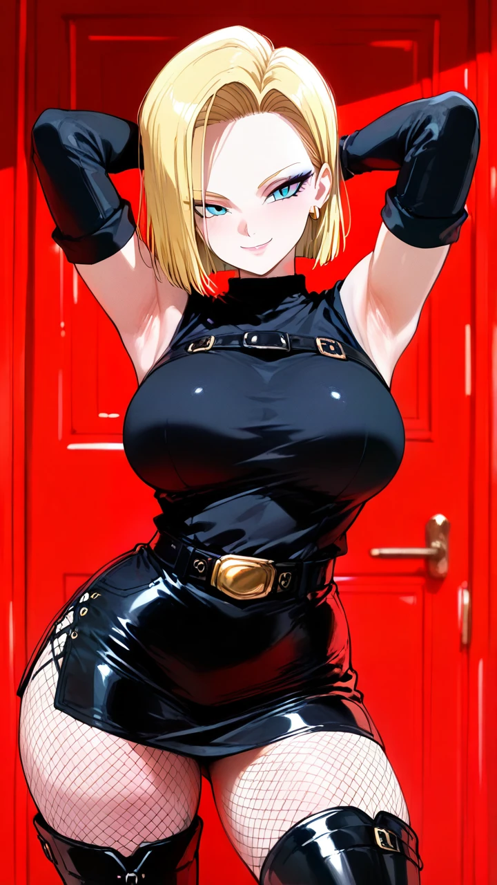 @android_18, android 18 costume, fishnet stockings, (armpits), (smile), (makeup), thigh high boots, beach