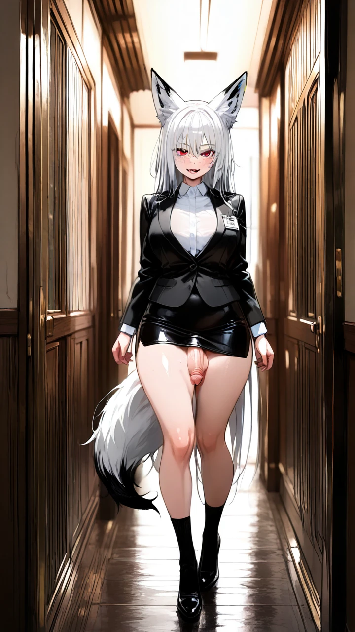 white hair, fox ears, fox tail, fangs, red eyes, freckles, looking on viewer, white pubic hair, (male_futanari) pencil skirt, shoe dankle,